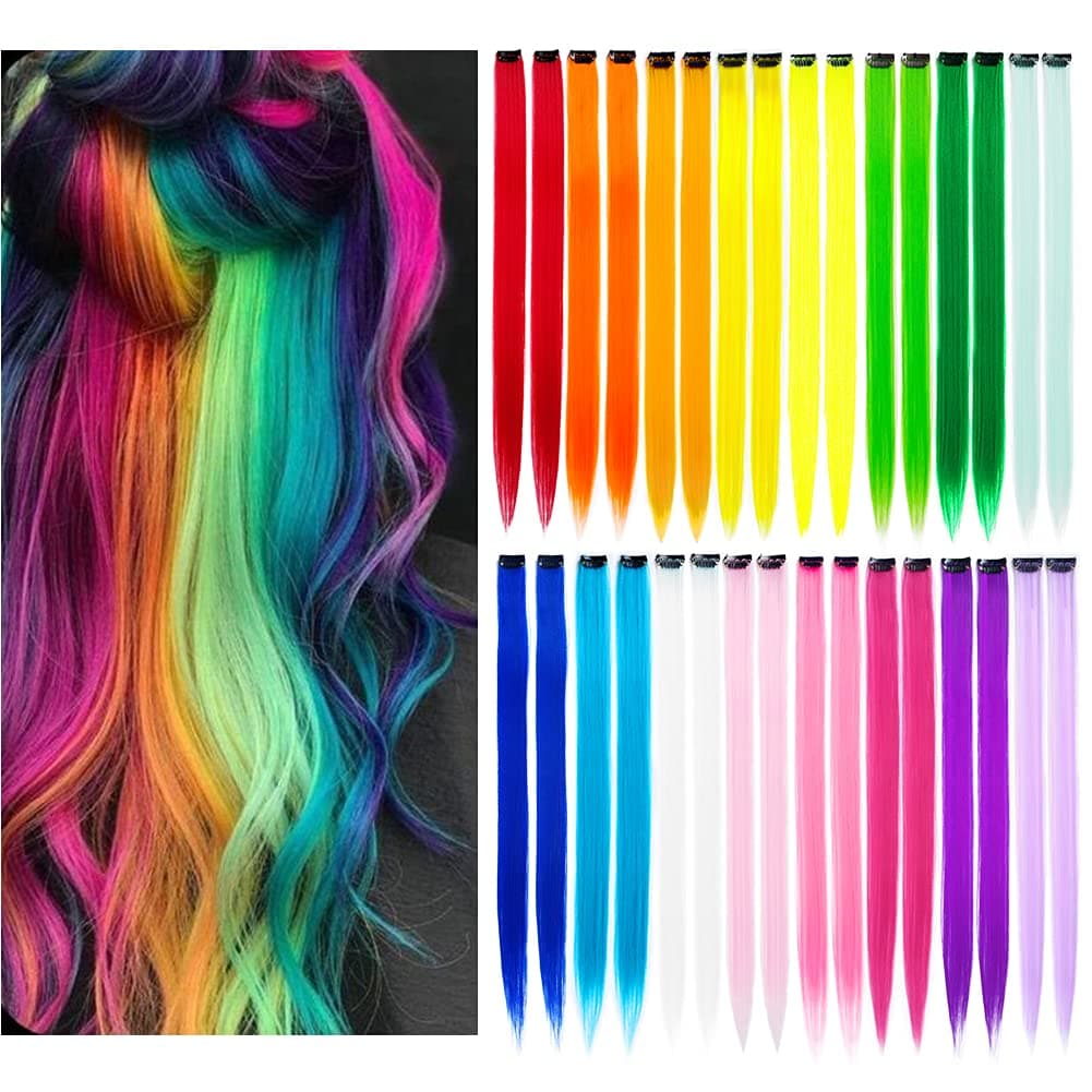 32Packs Colored Hair Extensions 20Inch Straight Color Clip in on Hair Extension Rainbow Party Highlights Synthetic Hairpiece for Girls 16 colors