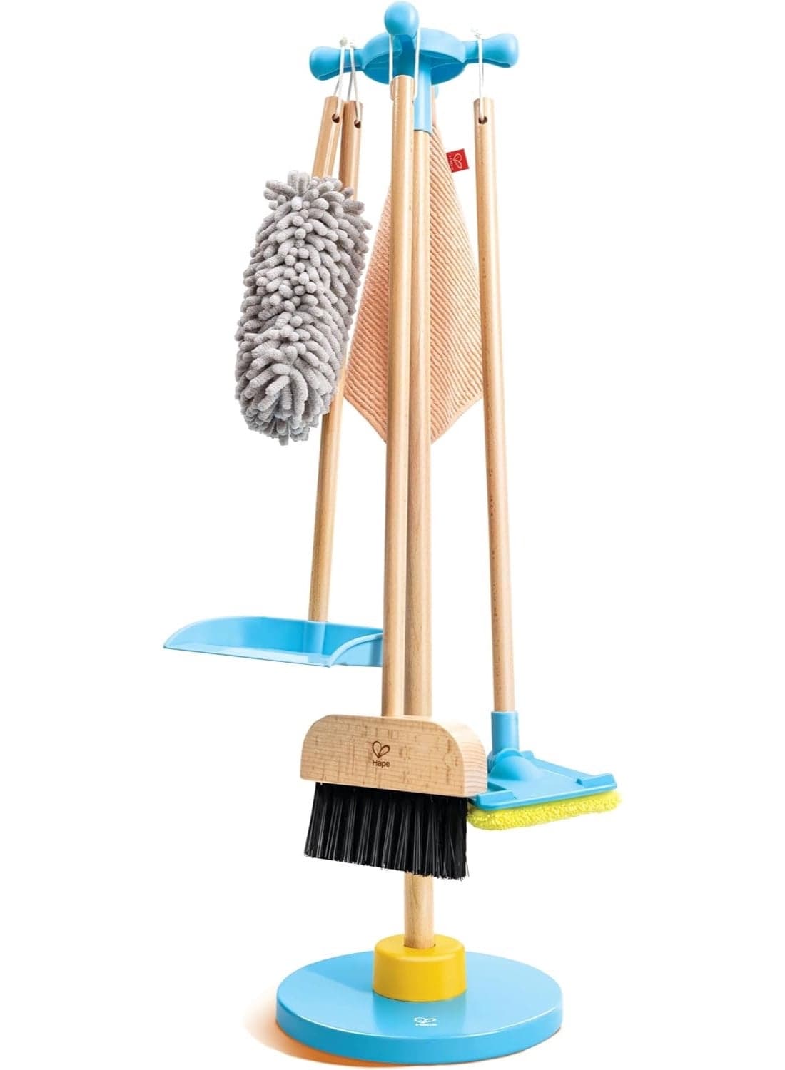 Hape Clean Up Broom Set Cleaning Wooden Playset | Broom, Mop, Dustpan, Duster, Towel, and Hanging Wooden Stand | Activity Role Play Set for Kids | Ages 3+