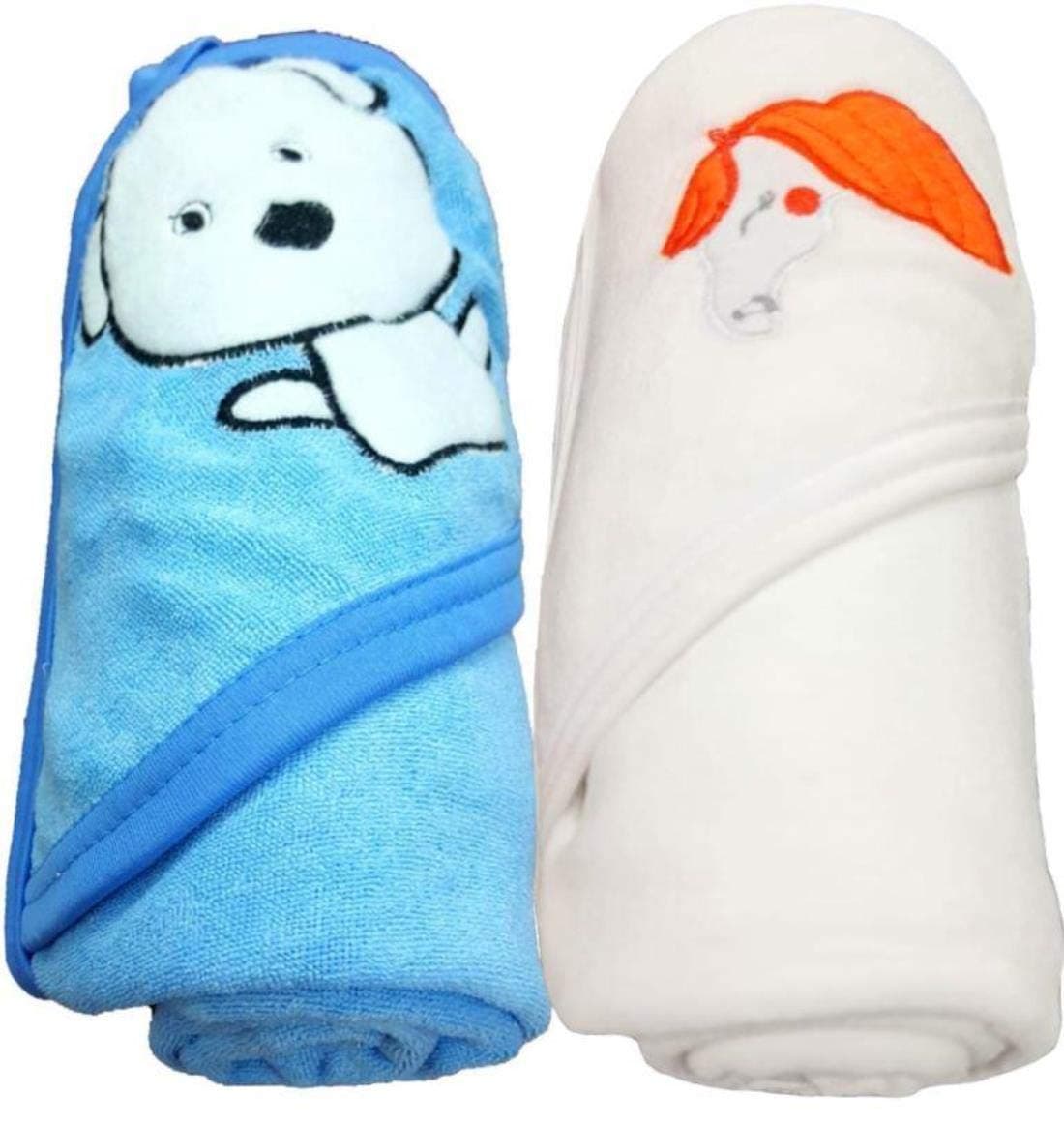 BRANDONN Baby Boy's and Girl's Terry Cotton Baby Bath Towel Cum Baby Wrapper Towel (White, Blue, 0-2 Years) - Combo of 2