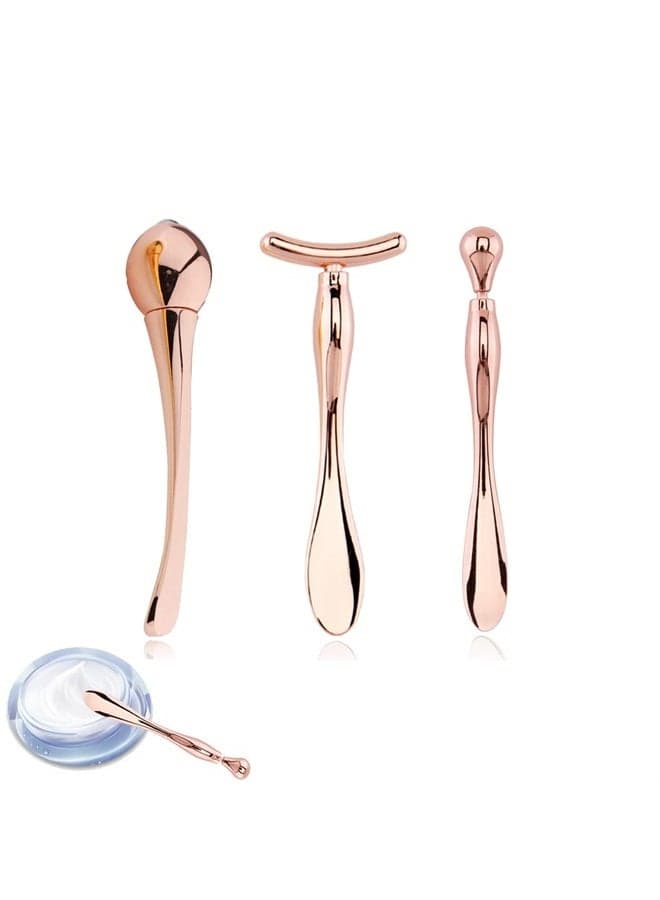 3Pcs Metal Eye Cream Applicator Roller Wand Stick, Cosmetics Spoon Eye Cream Massager Wand Girls Women Facial Massager for Fatigue Relief Reduce Puffiness (Rose Gold)