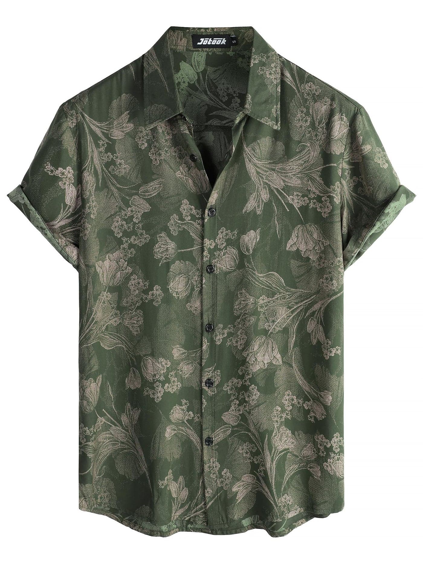 JOTOOK Mens Hawaiian Shirt Short Sleeve Button Down Tropical Shirts Casual Floral Summer Beach Shirt XX-Large ArmyGreen