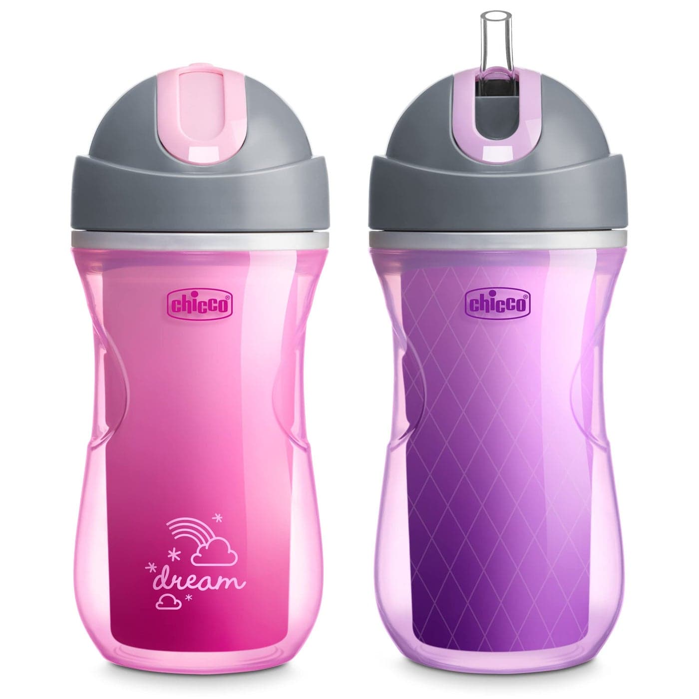 Chicco 9oz. Double-Wall Insulated Flip-Top Sippy Cup with Silicone Straw and Spill-Free Lid | Top-Rack Dishwasher Safe Easy to Hold Ergonomic Indents Dream Pink/Purple, 2pk 12+ months