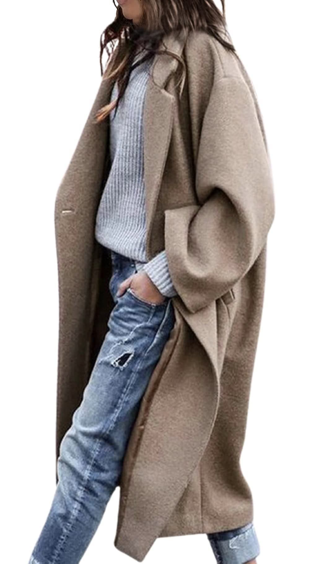 CHARTOU Womens Oversized Notched Collar Wool Blend Single Breast Midi Long Trench Coat Small Khaki