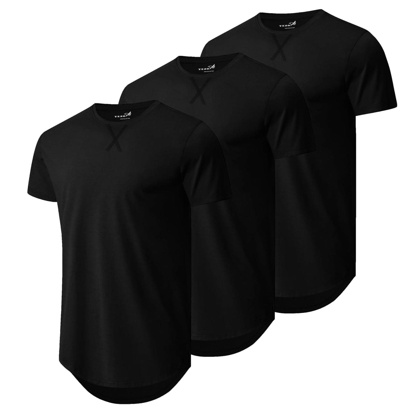 Mens 3 Pack Plain Cotton Shirts Short Sleeve Casual Crew Neck TShirts Hipster Hip Hop Longline Tees Shirts Drop Cut Curved Hem Shirt BKBKBK L BlackBlackBlack