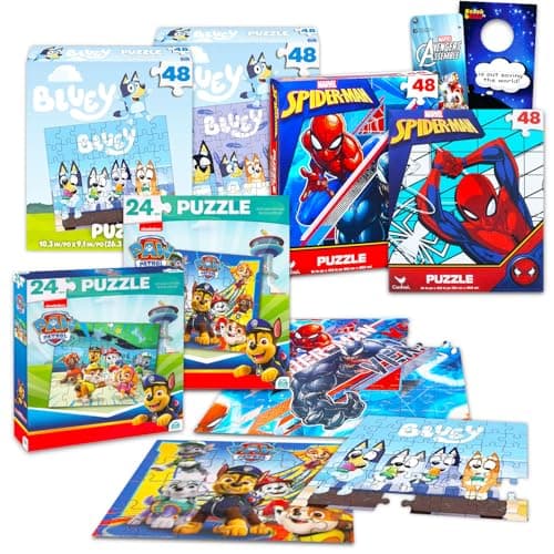 6 Pack Bluey Spiderman and Paw Patrol 24 Piece Jigsaw Puzzles Set Bundle with 6 Assorted Puzzles for Boys Plus Stickers More Puzzle Pack for Kids Ages 48