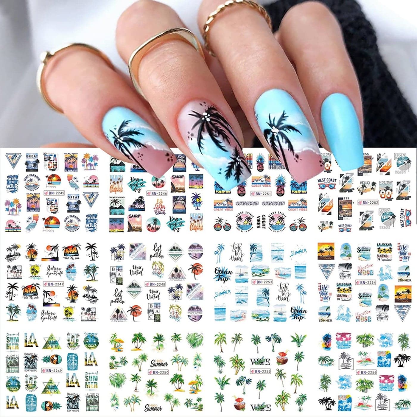 Palm Tree Nail Art Stickers Water Transfer Coconut Tree Nail Decals Holographic Art Sticker Decal Tropical Style Ocean Beach Nail Design for Women Girls Supplies Manicure Decoration Nail Art Decal