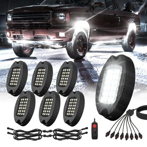 6 Pods Metal LED White Rock Lights for ATV SUV UTV RZR Car Trailer Truck Offroad, Alloy 6000K 24 LEDs Pure White Neon Underglow Light with Switch Extension Harness Under Trail Rig Fender Lighting