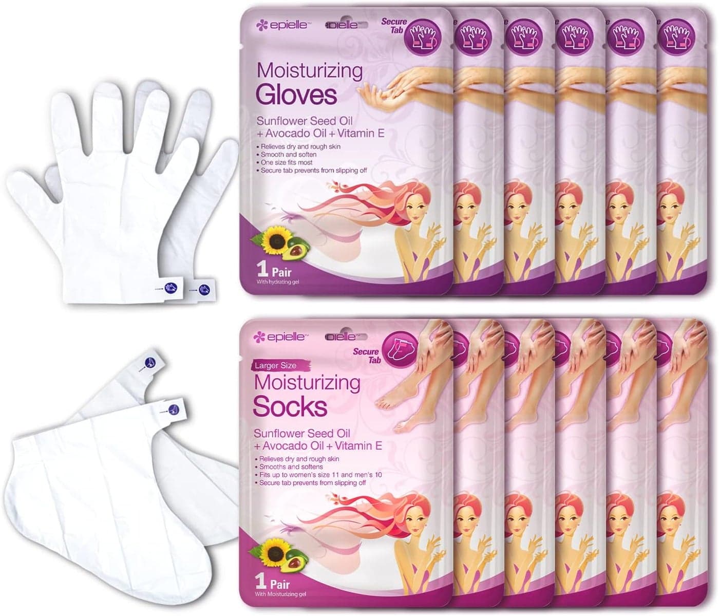 Epielle Moisturizing Hand & Foot Masks (Glove & Socks 12pk) for Dry Hand, Dry & Cracked Heel Spa Masks Sunflower Seed Oil + Avocado Oil + Vitamin E,Mothers Day Gifts