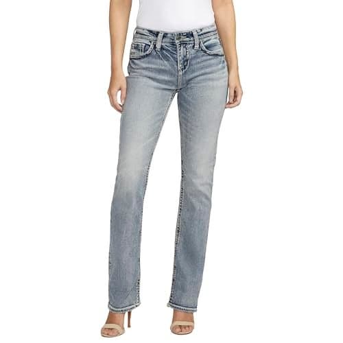 Silver Jeans Co. Women's Suki Mid Rise Curvy Fit Slim Bootcut Jeans, Light Wash Indigo, 28W x 31L