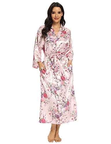MizzGenio Women's Floral Long Silk Robes Lightweight Full Length Satin Robes Long Sleepwear,Pink L/XL