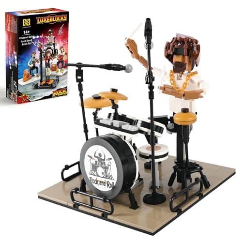 LUXEBLOCKS Dynamic Drummer Building Kit 428Piece Rock Concert Stage with Poseable Figure Adjustable Drum Set Adult Collectible Model for Music Lovers Home Office Desk Decor Ages 14