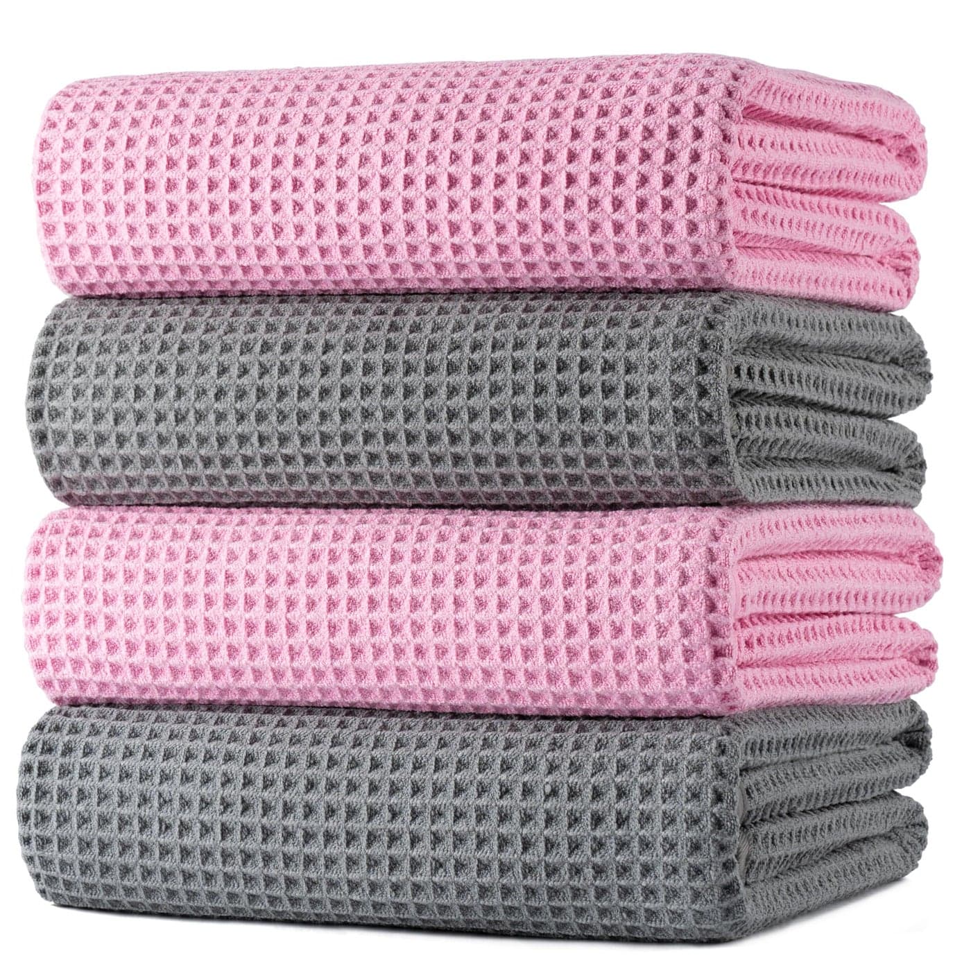 POLYTE Microfibre Oversize Quick Dry Lint Free Bath Towel 152 x 76 cm 4 Pack GreyPink Waffle Weave