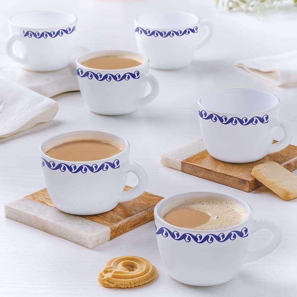 Larah by Borosil Jazzblue Opalware Cup Set of 6 pcs TeaCoffee Cups 140 ml Microwave Dishwasher Safe BoneAsh Free Crockery Set Ideal for Daily Use Gifting White