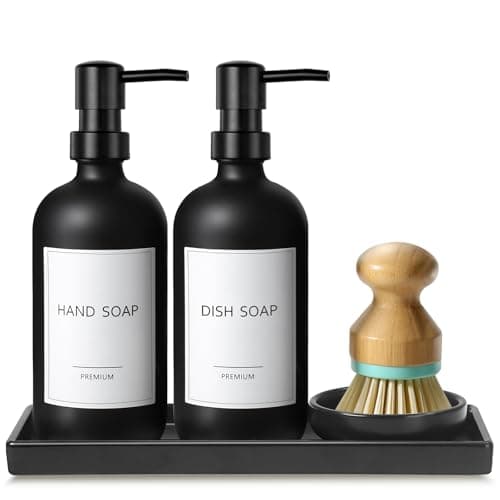 GMISUN Kitchen Soap Dispenser Set, 17 fl oz Dish Soap Dispenser with Ceramic Tray & Bamboo Brush for Kitchen, 2Pcs Matte Black Glass Hand and Dish Soap Dispenser Set, Refillable Soap Bottle Set