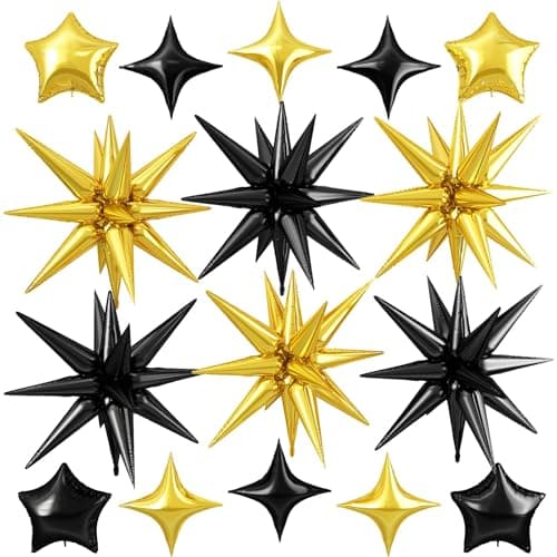 Black Gold Star Balloon 22Inch Explosion Spike Balloons and 10Inch Quadrangle Helium Balloon for Graduation New Year Celebrations Birthday Party Wedding Decorations
