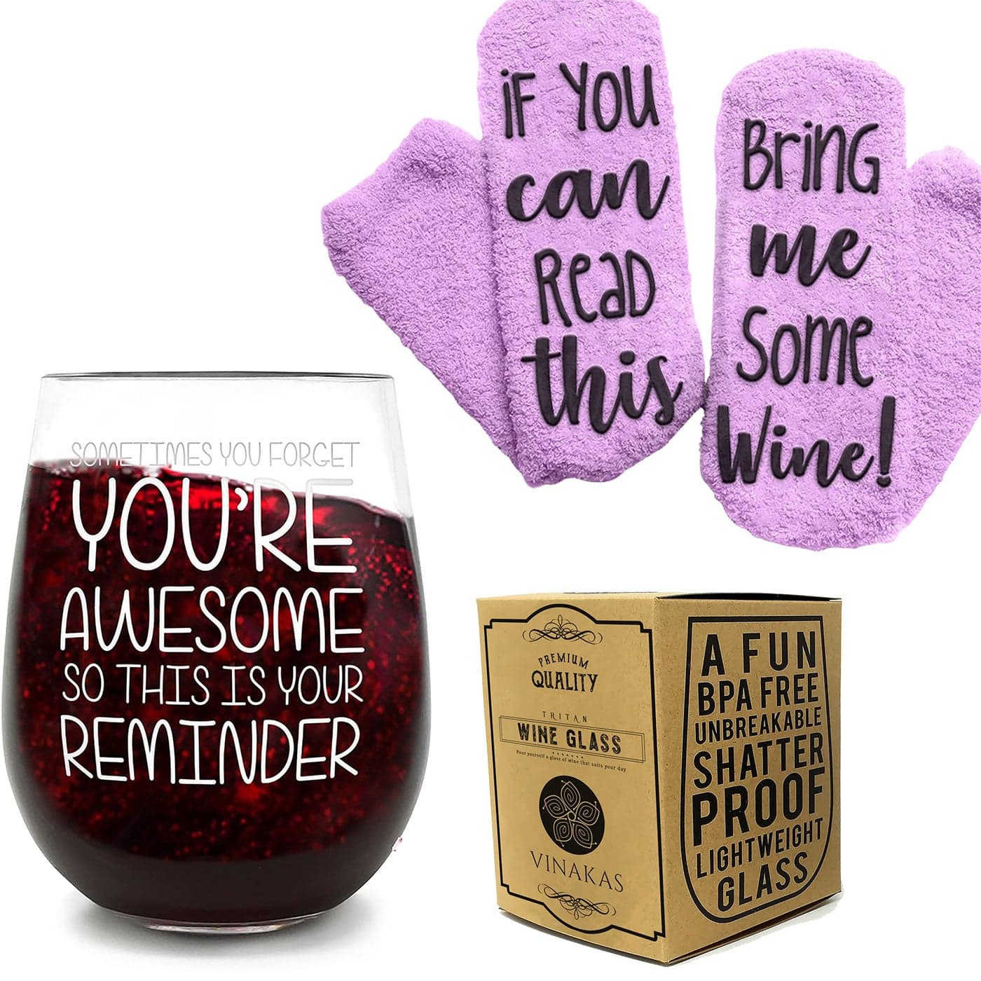 The ONLY GIFT WORTH GIVING WINE GIFTS 16 oz Unbreakable Wine Glasses and Funny Socks If You Can Read This Bring Me Some Wine Wine gifts for women or gifts for valentine gifts for women