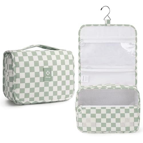 Narwey Small Hanging Travel Toiletry Bag for Traveling Women, Checkered Travel Bag for Toiletries, Makeup Bag Organizer Make Up Cosmetic Bags, Gifts for Kids Teen Girls (Mint Green Checkerboard)