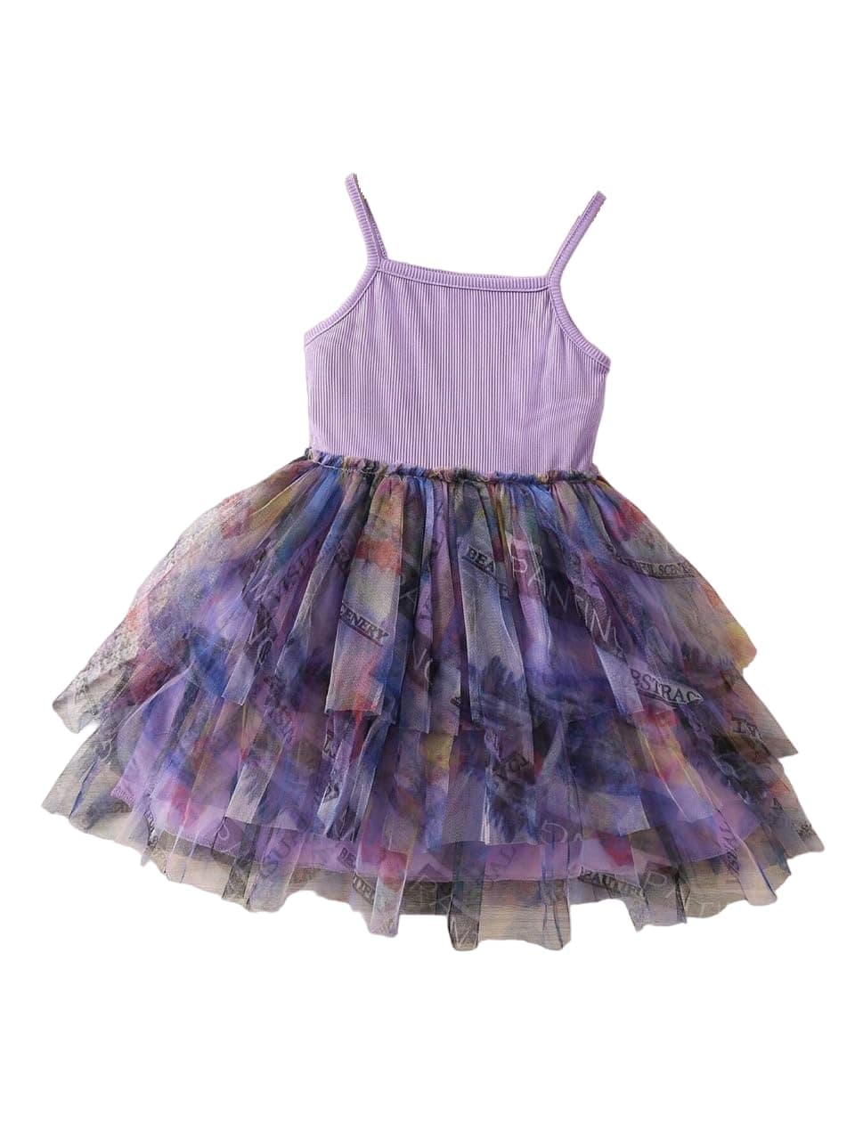 TAGAS oddler Girls Letter Graphic Mesh Overlay Layer Hem Cami Dress||Frock for Girls|| Sleeveless Dress for ||Fency Dress||(KD-403) (5-6 Years) Lavender