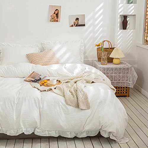 Faincy White Ruffle Duvet Cover King Size, Ruffled Soft Microfiber Comforter Covers Set with Zipper - 3PC 104X90 Lightweight, Farmhouse Bedding Vintage Shabby Chic Rustic Bedroom Style for Women Men