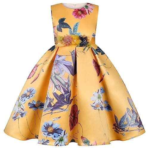 BESZANA Sleeveless Princess Skirt Bow Design Girls' Dresses Girls' Party Dresses are Suitable for Children Aged 7-8 Yellow