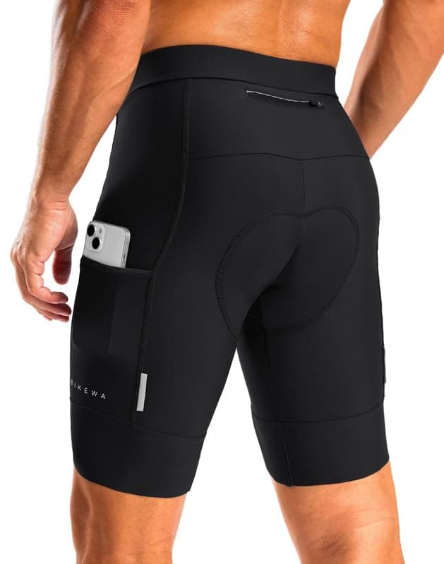 Bikewa Men's Bike Shorts 4D Padded Cycling Shorts for Men Road Riding Biking Bicycle Zipper Pockets(Black,L)