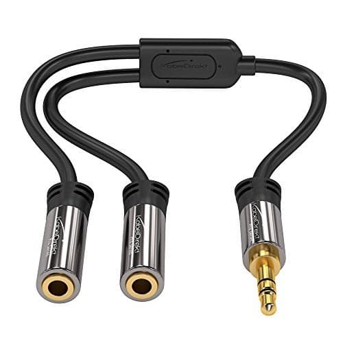 KabelDirekt – 3.5mm Y Adapter & Jack & AUX Splitter (1×3.5mm Male to 2× Female, Connect Two Sets of Headphones to a Smartphone/Tablet/Notebook, Stereo, 4in, Black)