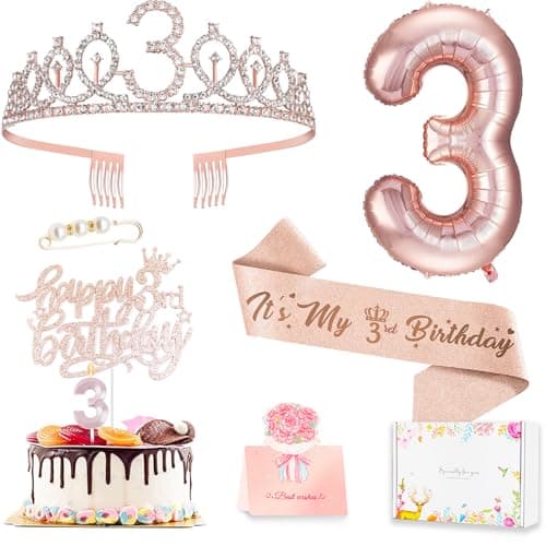 3rd Birthday Decorations for Girls Including 3 year old Birthday Cake Topper Queen Sash with Pearl Pin Sweet Rhinestone Tiara Crown Number Candles and Balloons Set Rose Gold