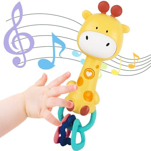 WHNKFB Bright Yellow Giraffe Baby Musical Rattle Toy LightUp Teether Sensory Chew BPAFree Soft Rubber Baby Shower 1st Birthday Gift for 618 Months 1 Year Old