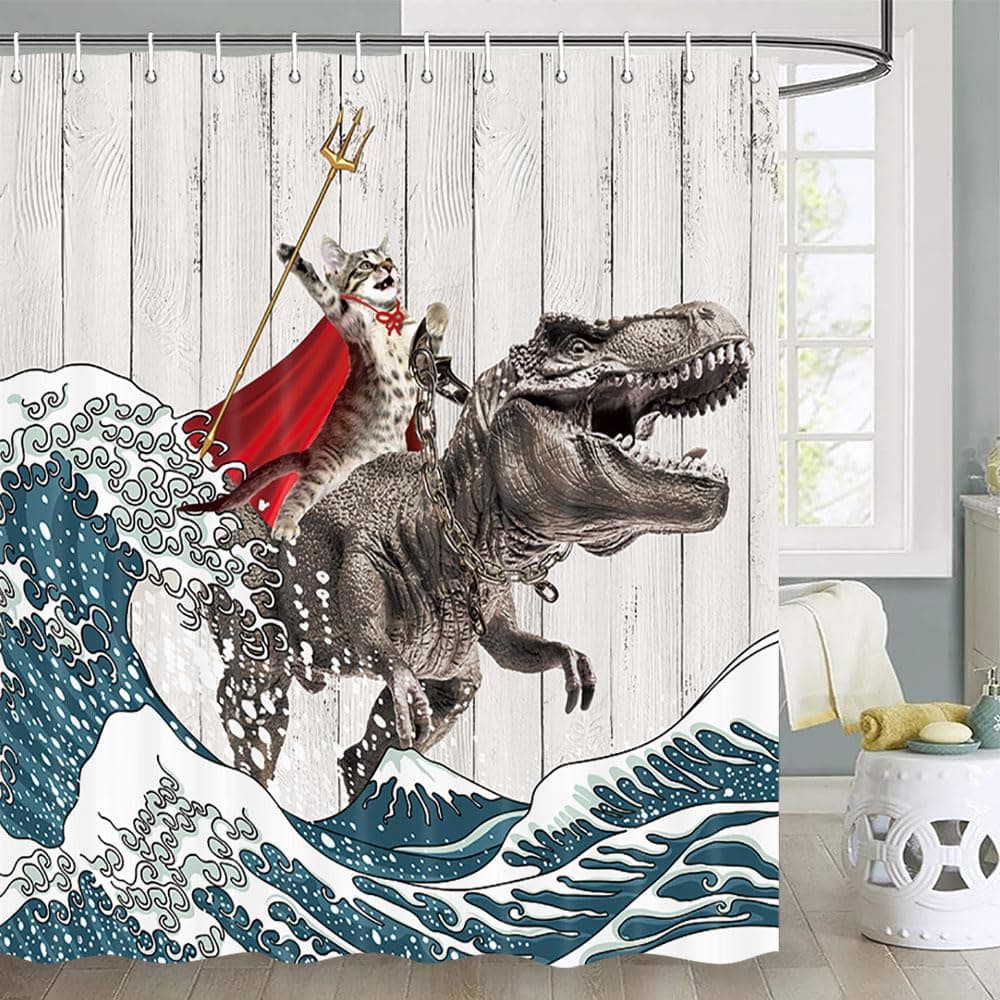 Funny Cat Shower Curtain Cool Cat Dinosaur Japanese Ocean Wave Shower Curtain Cat Riding Dinosaur Fun Shower Curtain Nautical Kids Children Rustic Wooden Farmhouse Shower Curtain 72X72inch Brown