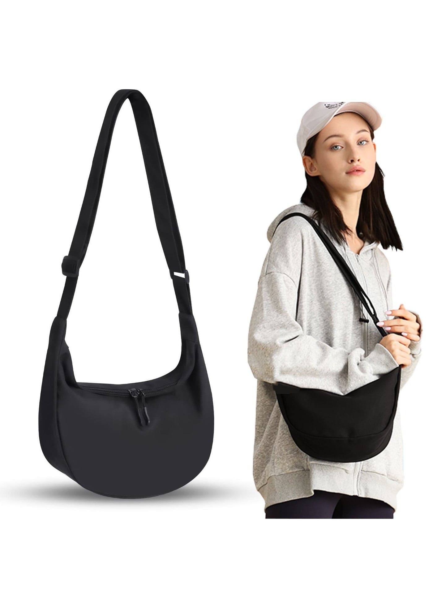 Small Sling Crossbody Bag for Women Men, Casual Backpack with Adjustable Strap, Lightweight Nylon Shoulder Waist Pack Belt 2 Zippers School Travel Hiking (Black)