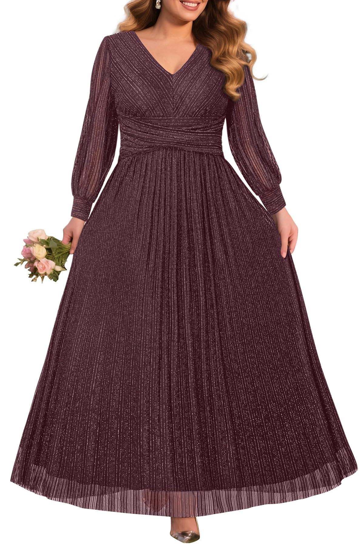 Pinup Fashion Burgundy Plus Size Dresses Formal Wedding Guest Evening Gowns Long Sleeve Bridesmaid Holiday Sparkly New Year Prom Dress