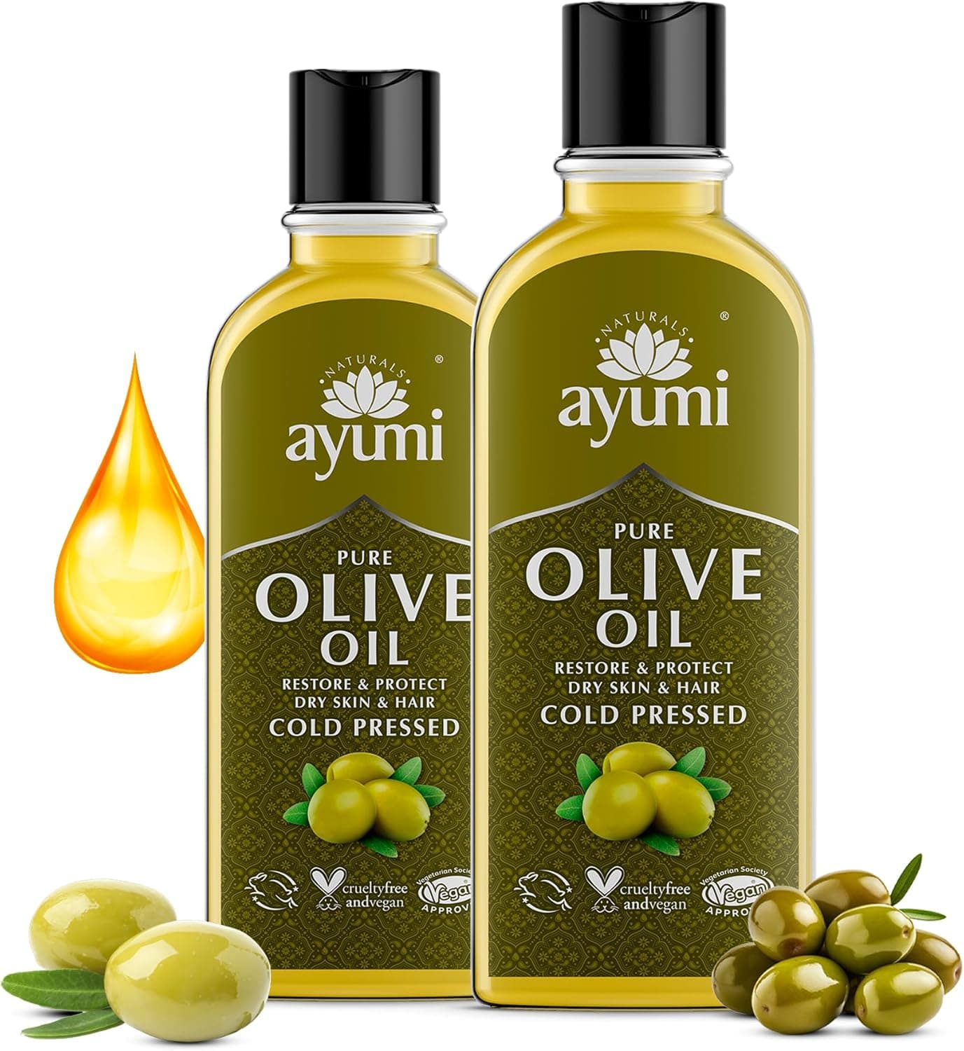 Ayumi Pure Olive Oil with Vitamin E Fatty Acids Cold Pressed Olive Oil for Frizzy Hair Treatment Dry Skin Face Oil Body Oil to Reduce Wrinkles Food GradeOil to Aid Digestion 300 ml