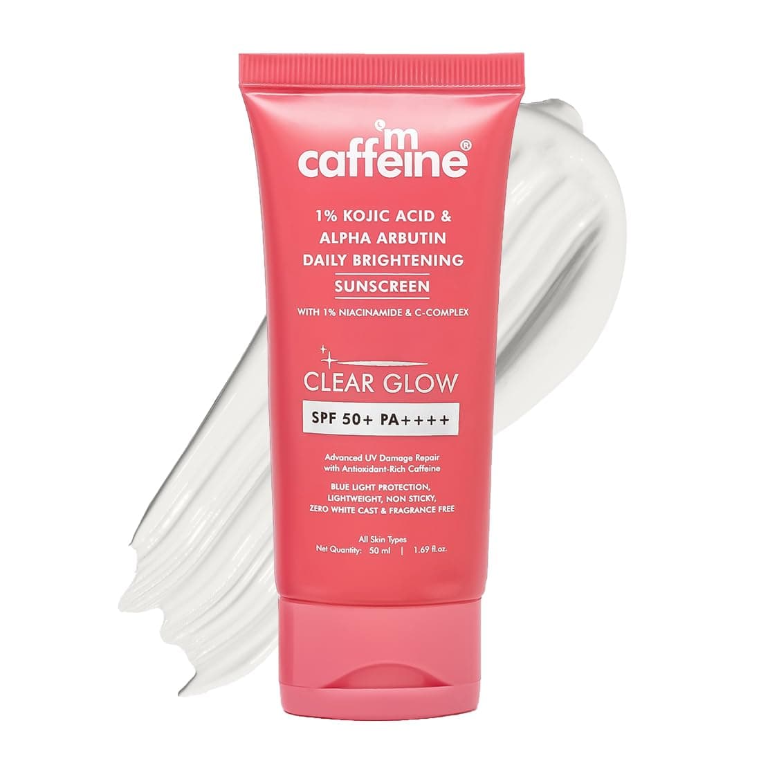mCaffeine CLEAR GLOW 1 Kojic Acid Alpha Arbutin Brightening Sunscreen SPF 50 PA NiacinamideDark Spots Pigmentation UVAB Sun ProtectionFor Men Women 50ml For All Skin Type
