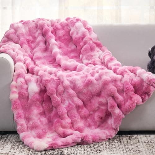 Cozy Bliss Faux Fur Throw Blanket for Couch Fuzzy Soft Plush Thick Bubble Blanket for Sofa Bedroom Living Room 50 60 Inches Tie Dye Pink