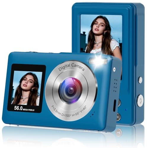 Digital Camera, 2026 Upgraded 56MP Dual Screens Camera for Selfies, 16X Zoom Travel Cameras with 32GB SD Card, Anti Shake Compact Vlogging Cameras for Boys Girls Kids Teens Adults,Blue