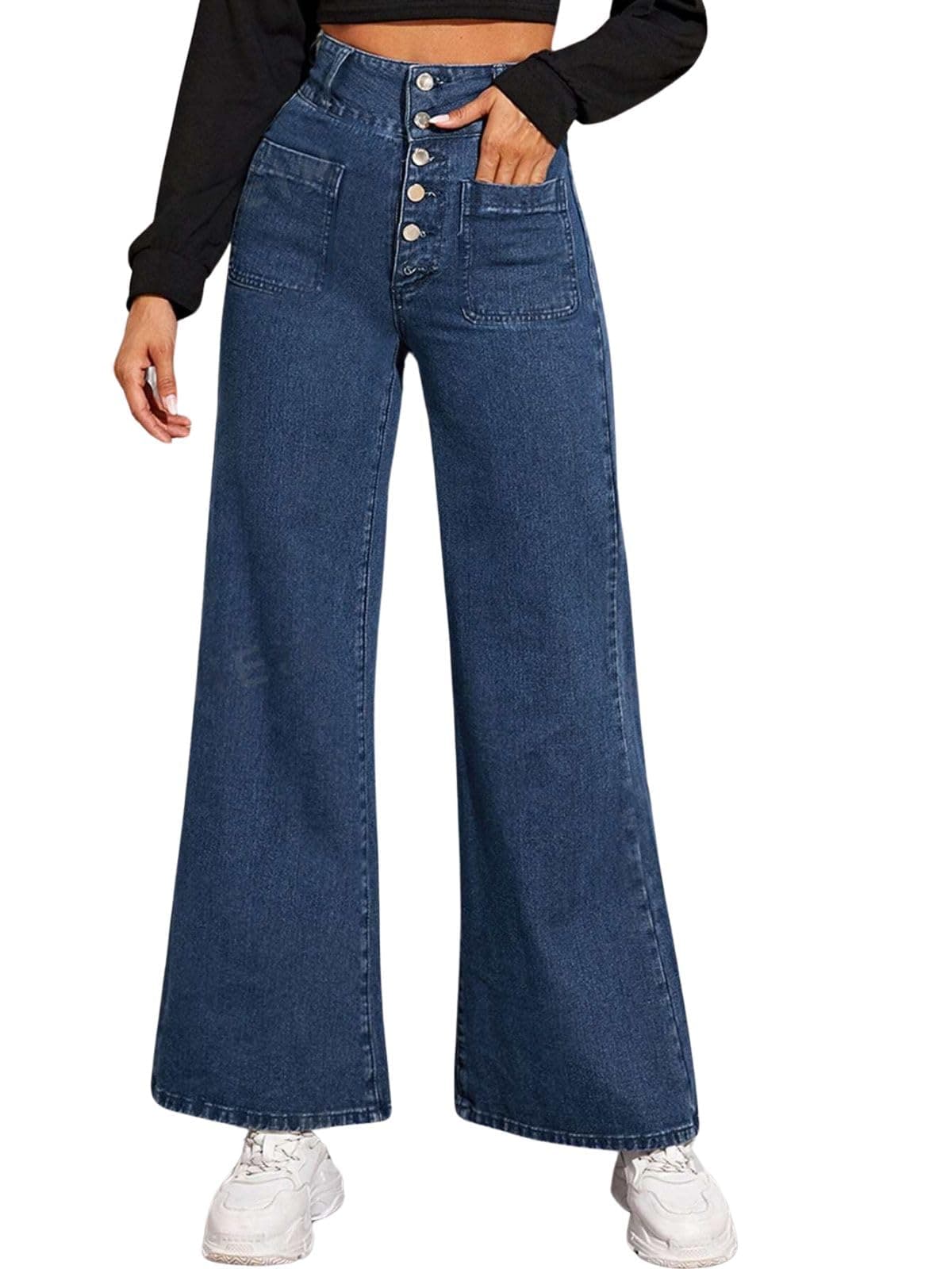 GRECIILOOKS Regular Fit High Rise Pant Baggy High Waist | Bell Bottom Jeans for Women (GL-DJ-11_Blue 01_26)