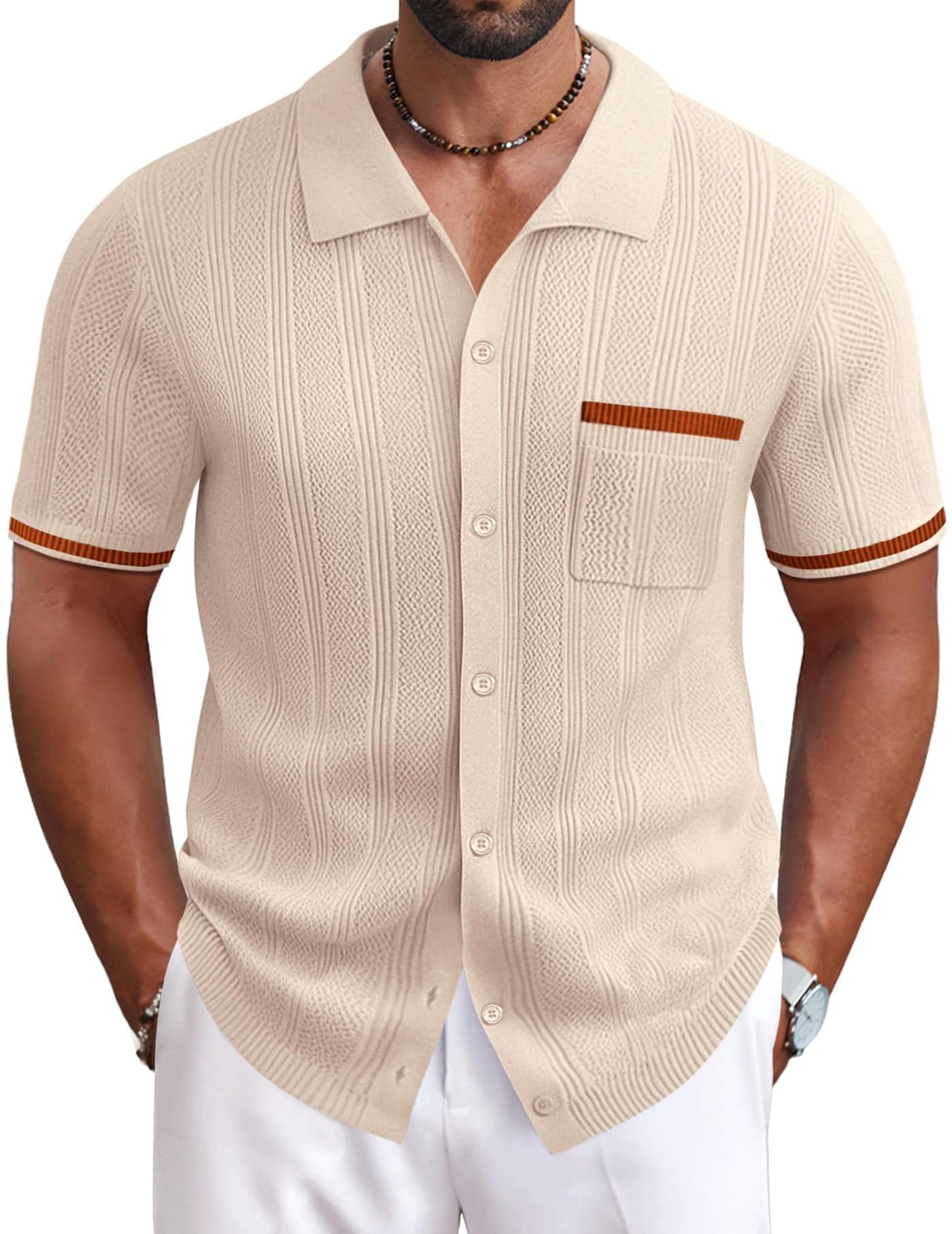 COOFANDY Mens Polo Shirts Vintage Striped Knit Button Down Shirt Short Sleeve Summer Vacation Light Brown