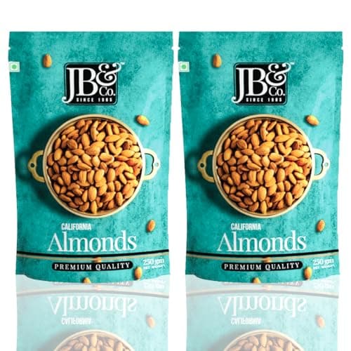 JB&CO 100% Natural California Almonds | Badam Giri | High In Fiber |Rich In Protein And Dietary Fibre| Nuts & Dry Fruits Premium California almonds , ziplock pouches. rich dry fruits , Badam beej, bedana, almond kernel. Bold size 500g. in convenient packs of 250g X 2.