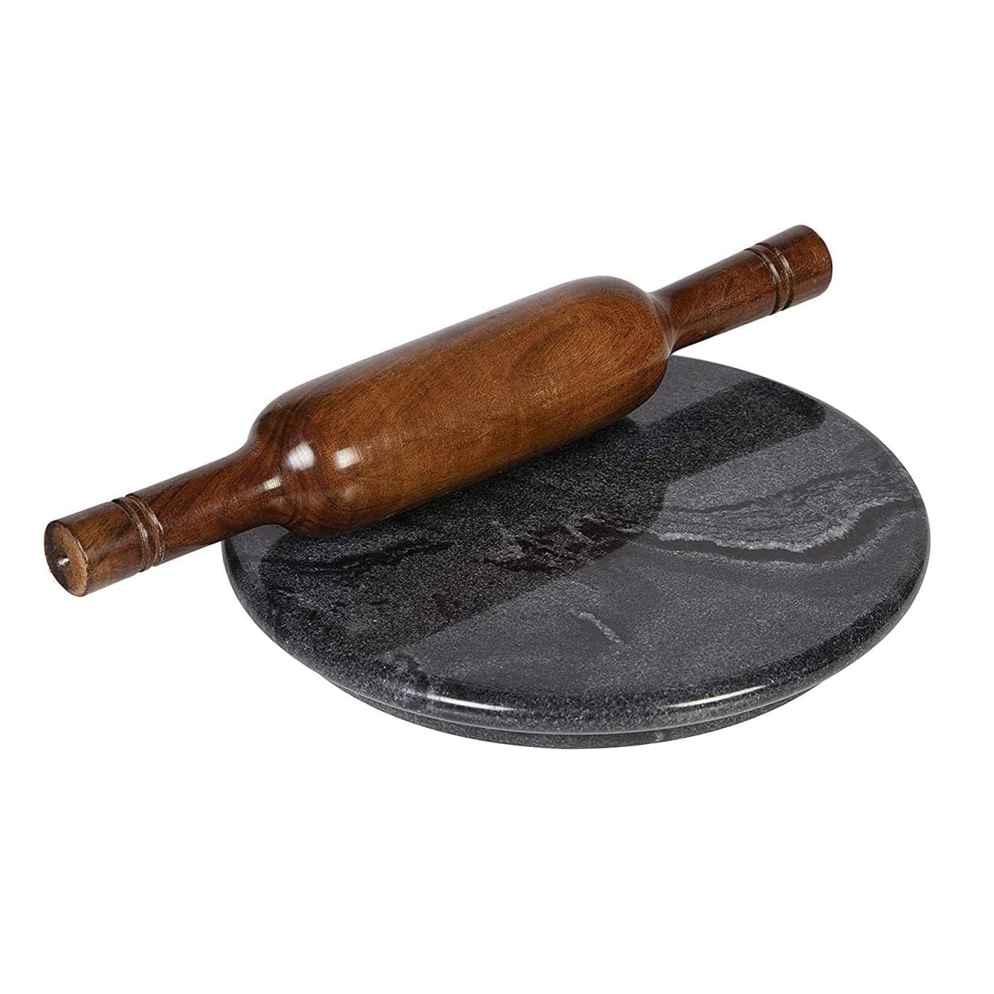 Rajasthan Art Onyx Black Marble Chakla or Rolling Board with Wooden Belan Large 9 inches or 23cm