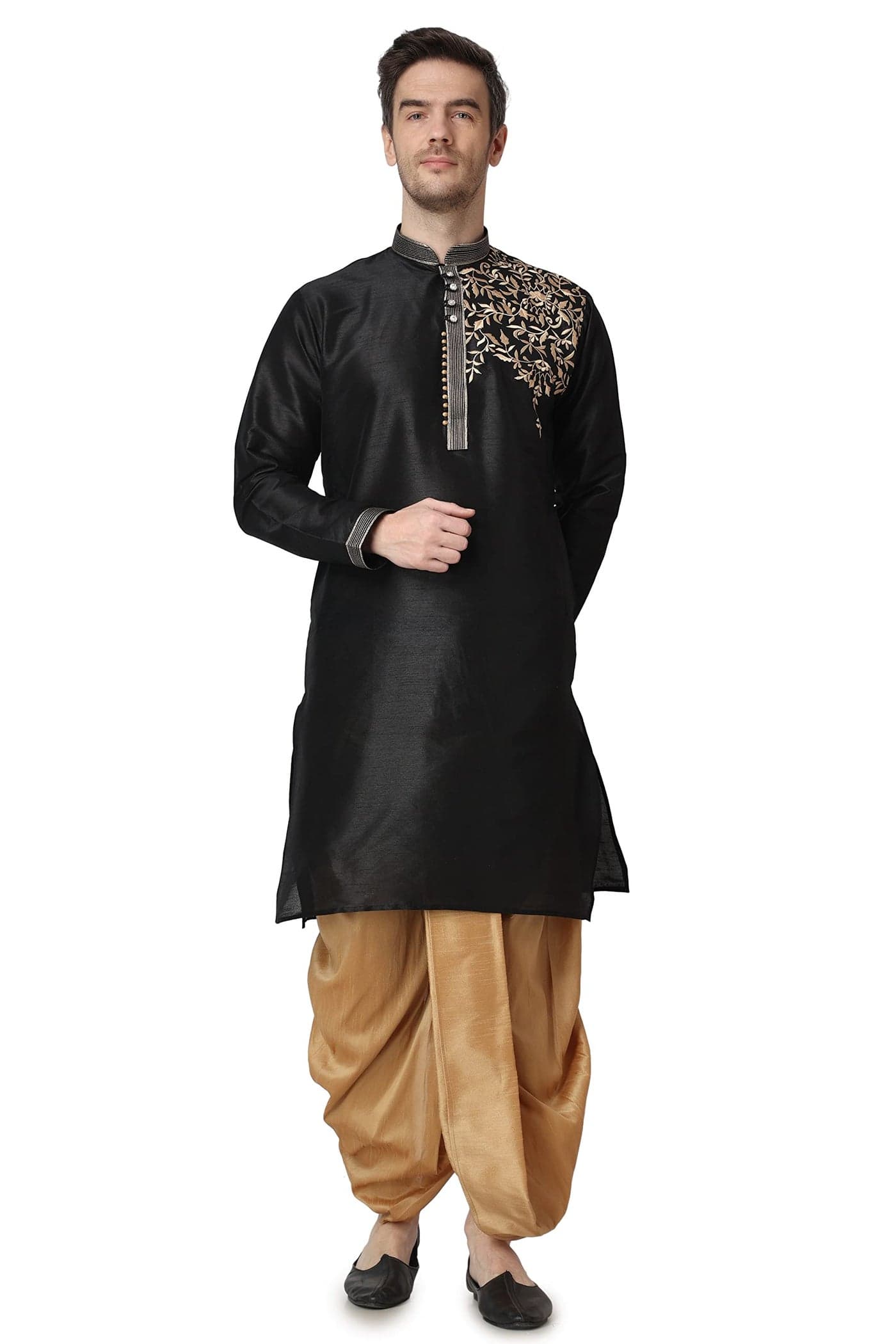 Royal Kurta Mens Silk Patchwork Dhoti Kurta Set (Black, Size - 42)