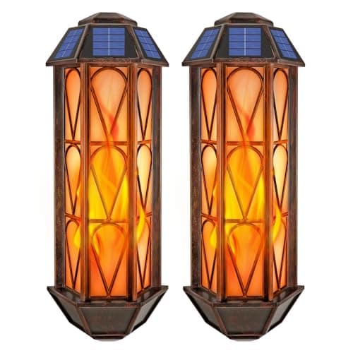 Solar Flame Wall Sconce Lights Outdoor, 74 LED Flickering Flame Sconces, Solar Powered Auto On/Off, Waterproof Wall Lanterns for House Garage Doorway Garden Porch Patio Yard Decoration (2 Pack)