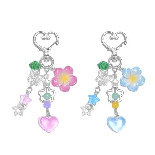 cioatu Y2K Aesthetic Keychains for Women Cute Flowers Star Cake Jellyfish Keychins Charms Kawaii Bag Purse Decor (Blue & Pink Flowers)