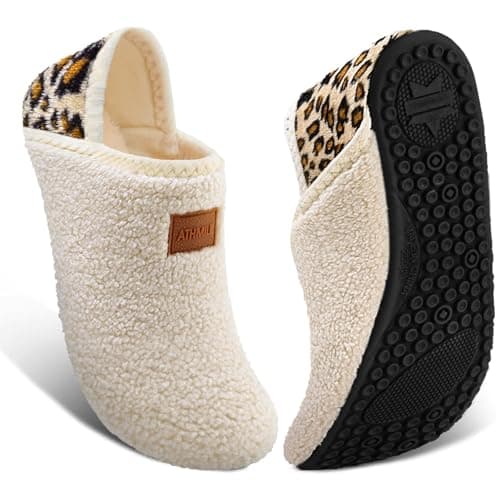 ATHMILE House Slippers for Women Men Indoor Barefoot Slippers Socks Furry Slip on House Shoes Cozy Comfy for Home Bedroom Travel Yoga Women 9-10 Beige Leopard