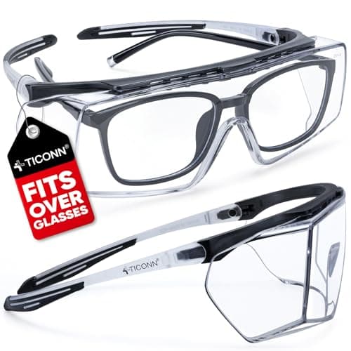 TICONN Safety Glasses Over Eyeglasses for Men Women, Anti-Fog ANSI Z87.1 Eye Goggles with Adjustable Arms and UV Protection (1 Pair)