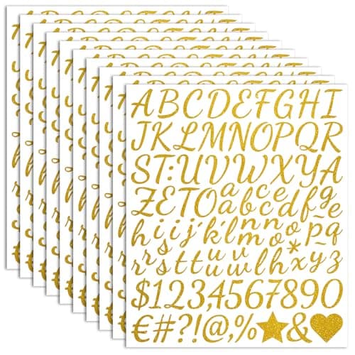 10 Sheets Small Letter Stickers 1 Inch Handwritten Glitter Gold Vinyl Self Adhesive Alphabet Number Stickers Stick on Letters for Arts Crafts Outdoor Sign Wall Mailbox Windows Doors Car Poster Board