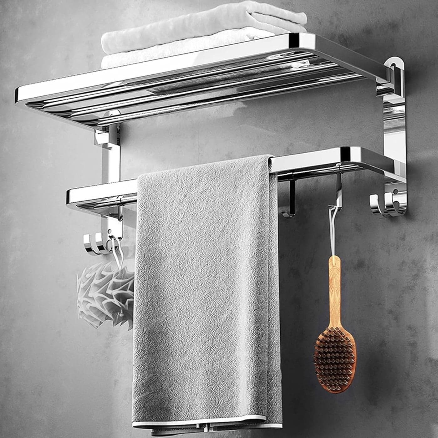 Zureni Stainless Steel Towel Rack Double Rod Folding Wall Mounted Napkin Holder Multipurpose Hanger Shelf Bathroom Accessories and Fittings for Kitchen Washroom Wash Basin (Pack of 1)