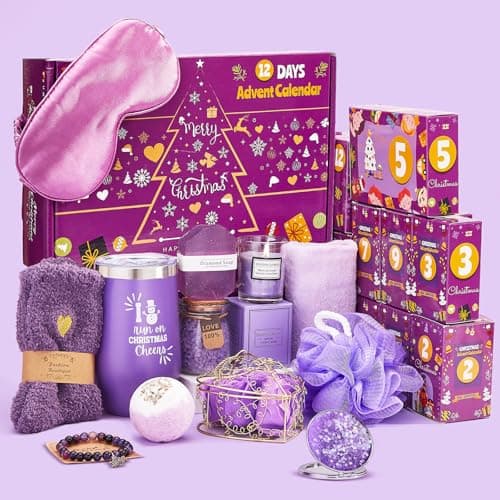 Advent Calendar 202512 Days of Christmas Advent Calendar for Women Mom Wife Girlfriend Sister Her Unique Lavender Spa Gifts Basket Set Includes Coffee Mugs Scented Candle Bath Salt Soap