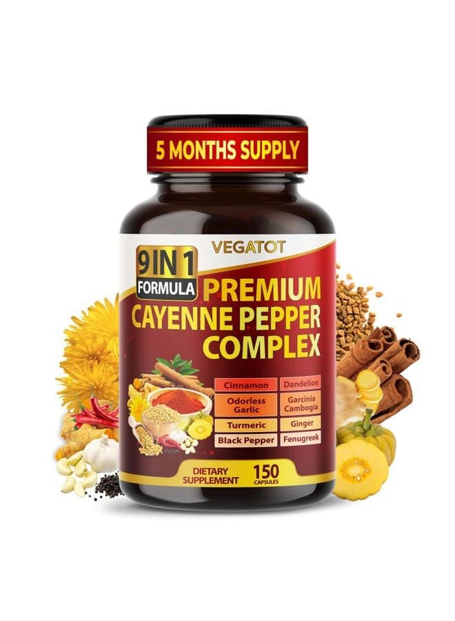 Organic Cayenne Pepper 9IN1 Complex with Cinnamon, Ginger, Turmeric for Overall Health, Immune System, Digestion Wellness (150 Count (Pack of 1))