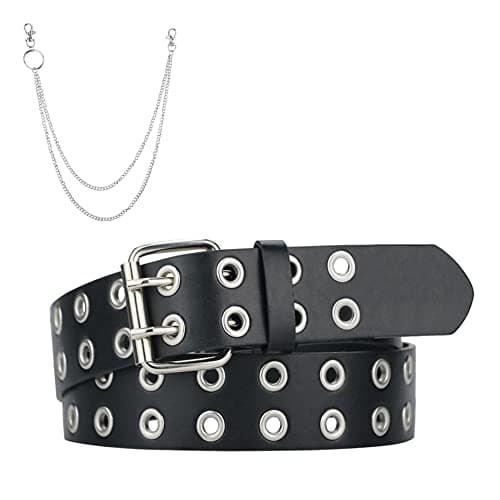 Womens Belts for Jeans, Studded Double Grommets Leather Black Belt Women Men-M with Chains