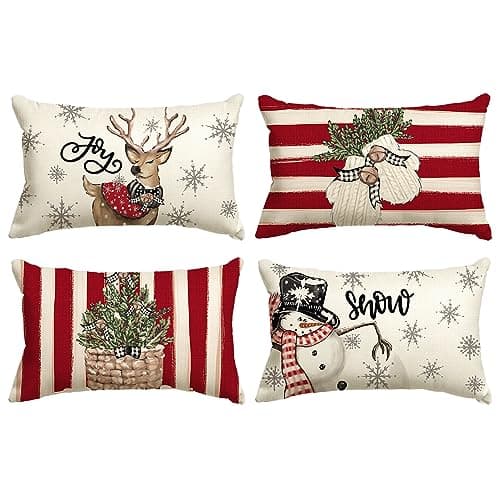 AVOIN colorlife Christmas Snowman Reindeer Gloves Eucalyptus Red Throw Pillow Covers, 12 x 20 Inch Winter Holiday Stripes Cushion Case Decoration for Sofa Couch Set of 4
